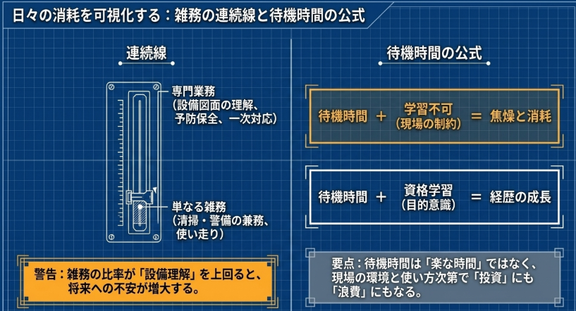 ビルメンの待機時間が成長時間にも浪費時間にも変わることを示したスライド