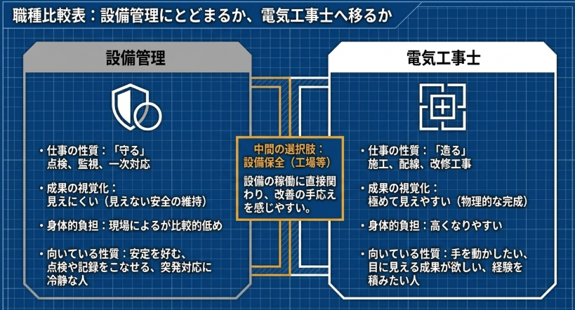 設備管理にとどまるか電気工事士へ移るかを、仕事の性質や向いている人で比較した図