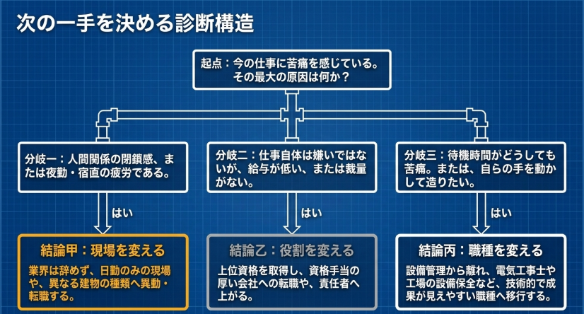 ビルメンがつまらない時に現場を変える、役割を変える、職種を変える判断の流れを示した図