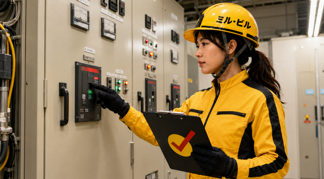 電気設備室で制御盤を確認しながら点検作業を行う作業員のイメージ