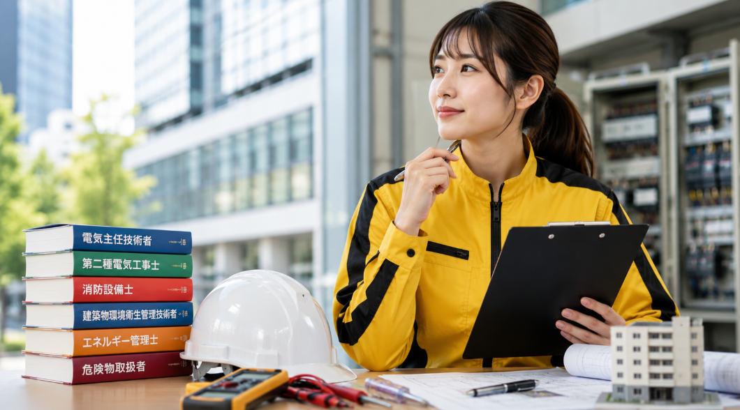 黄色の作業着を着た女性作業員が、建物管理に関係する資格資料や設備図面を確認している様子