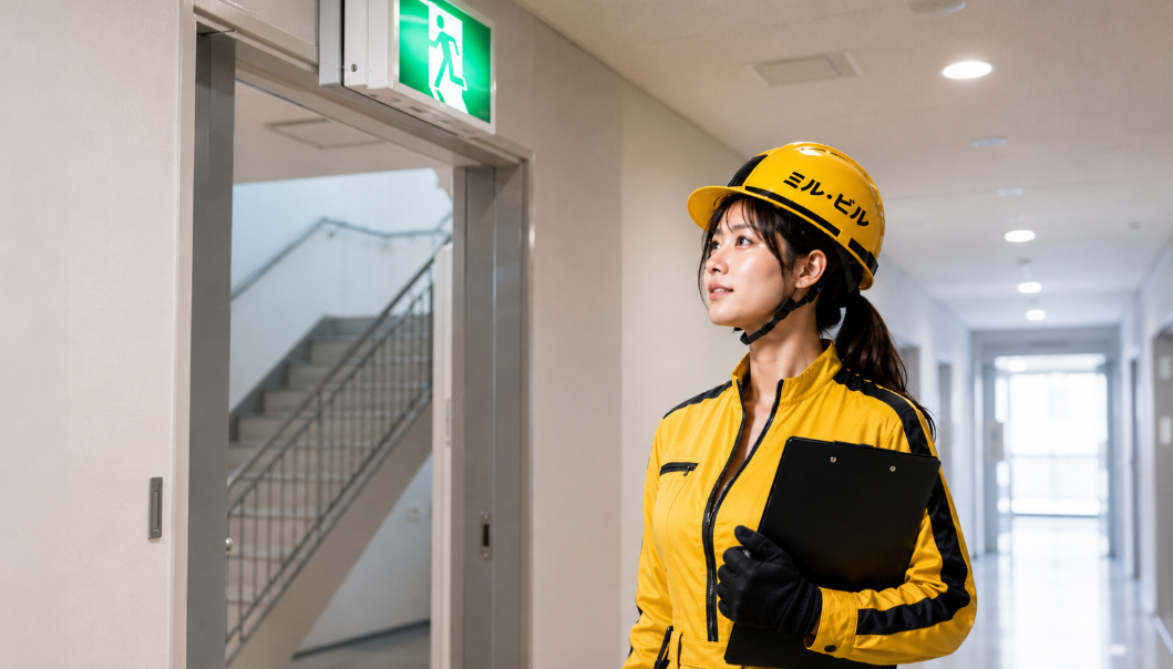 黄色と黒の作業着を着た女性作業員が、建物内の廊下で誘導灯の点灯状態と周辺状況を確認している様子